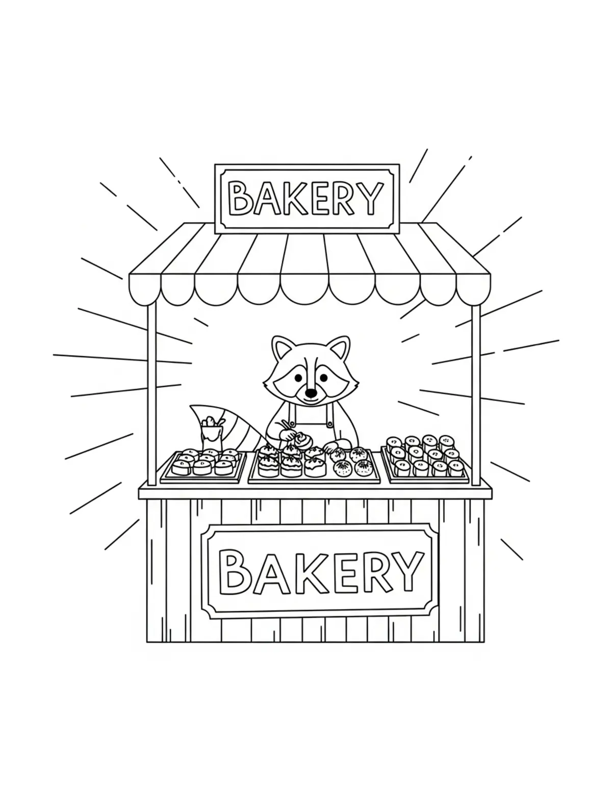 Raccoon Bakery Booth coloring page - free printable JPG featuring adorable raccoons at a market