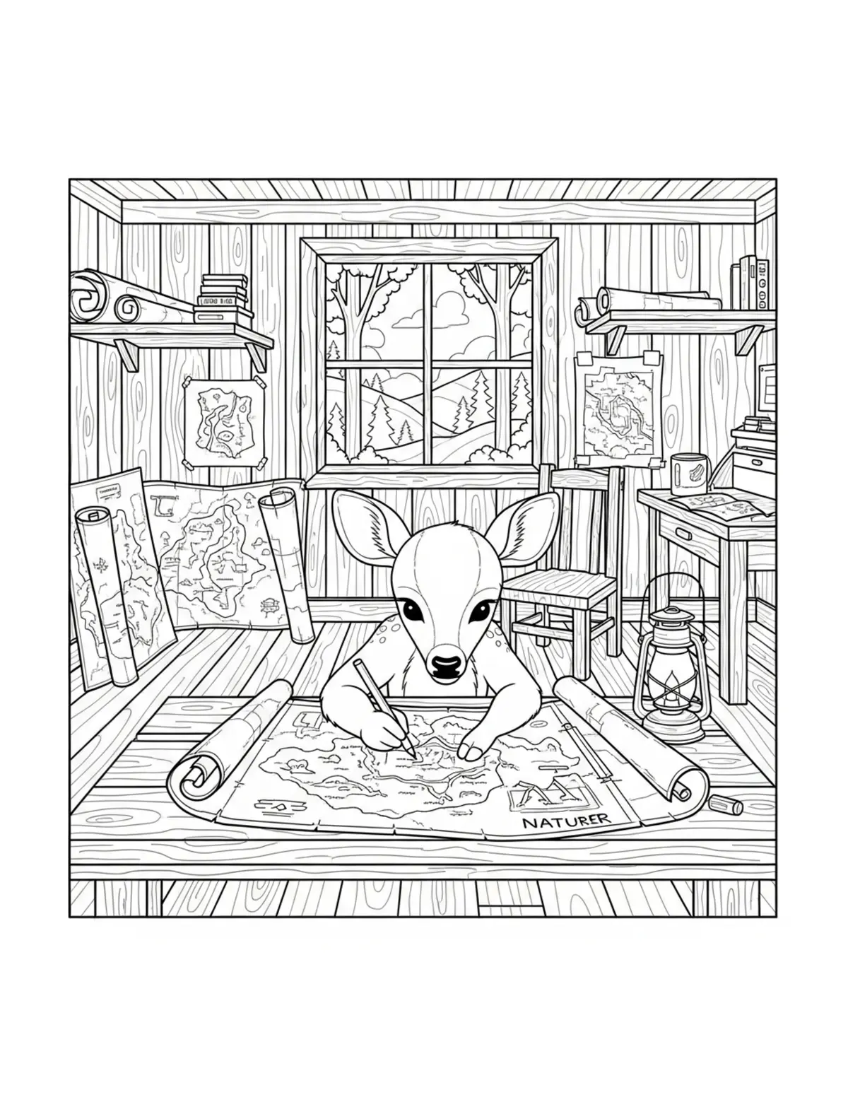 Baby Deer Creating Nature Maps coloring page - free printable JPG featuring adorable woodland animals