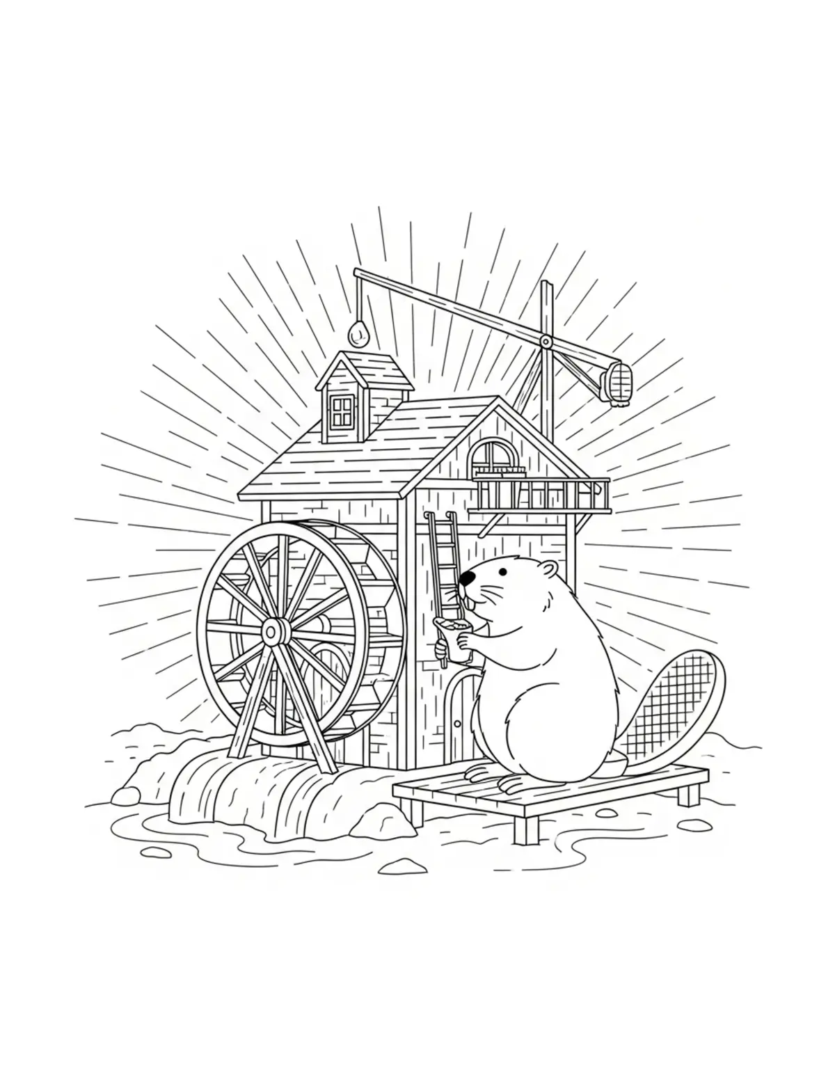 Beaver Constructing a Watermil Coloring Page - free printable JPG featuring adorable woodland animals
