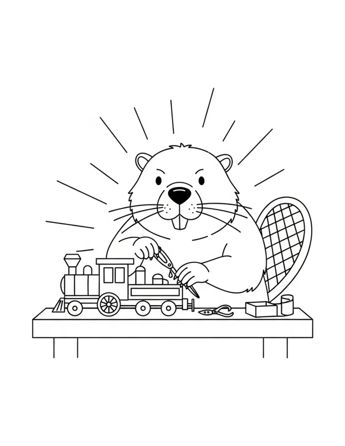 Beaver Crafting a Toy Train on a Workbench Coloring Page - free printable JPG featuring adorable woodland beaver
