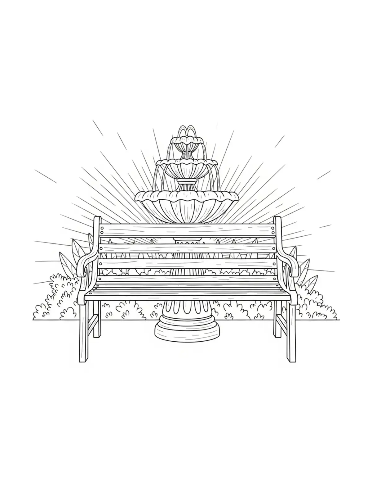 Free printable coloring page: cozy garden fountain bench coloring page. Cute and cozy summer design for kids and adults to download and print.