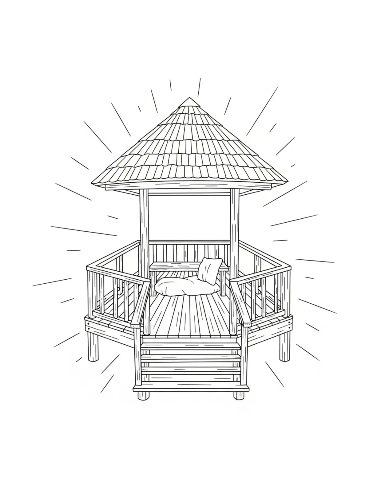 Free printable coloring page: cozy woodland observation deck coloring page. Cute and cozy design for kids and adults to download and print.