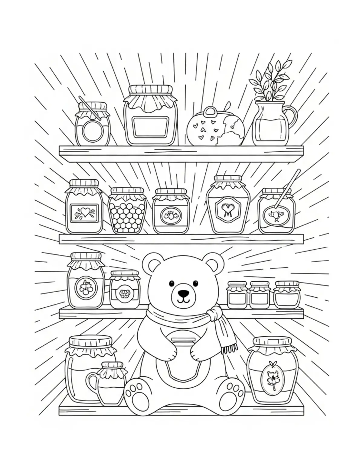 Free printable coloring page: cute bear honey shop jars sh coloring page. Cute design for kids and adults.