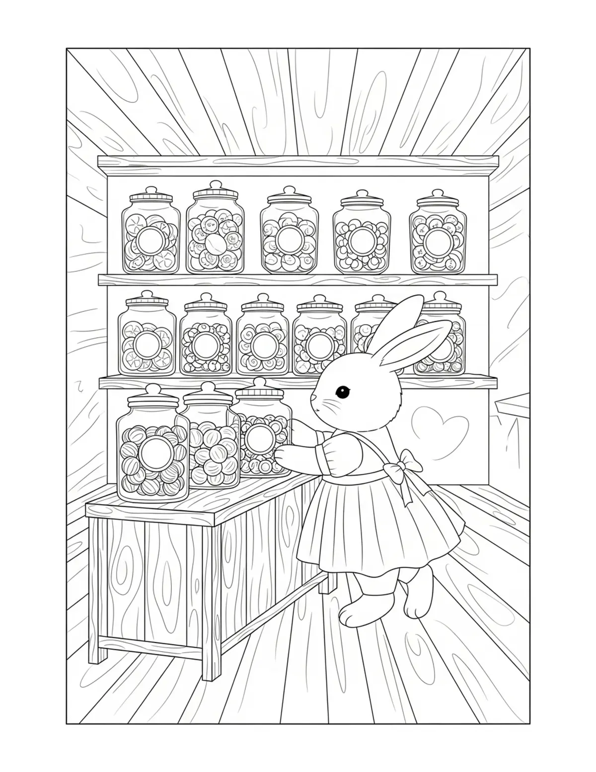 Cute Bunny Arranging Candy Jar Coloring Page - free printable JPG featuring adorable tiny animal village scene