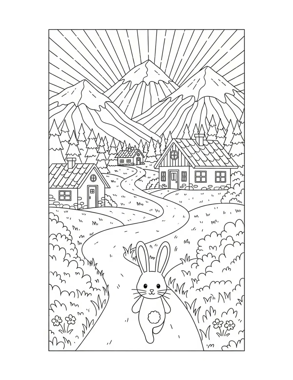 Cute Bunny Walking Along A Win Coloring Page - free printable JPG featuring adorable tiny animal village scene