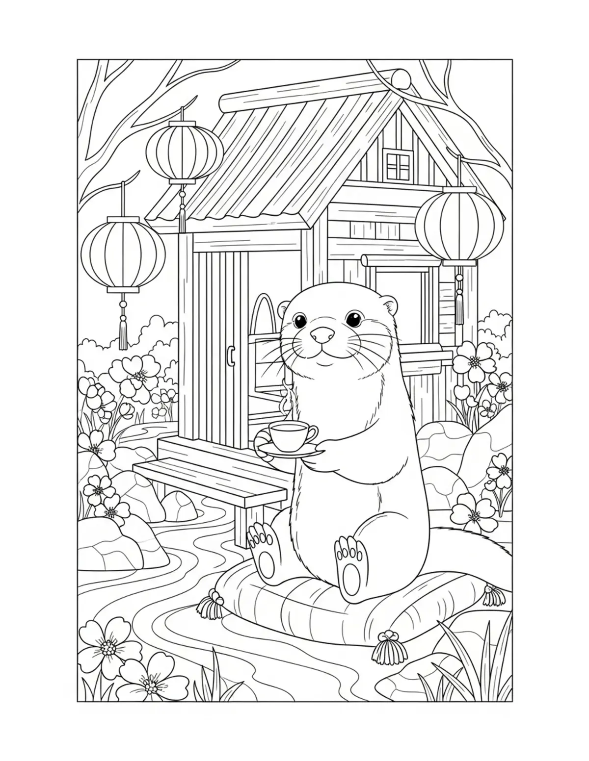 Cute Otter Tea House — free printable cozy coloring coloring page for kids and adults