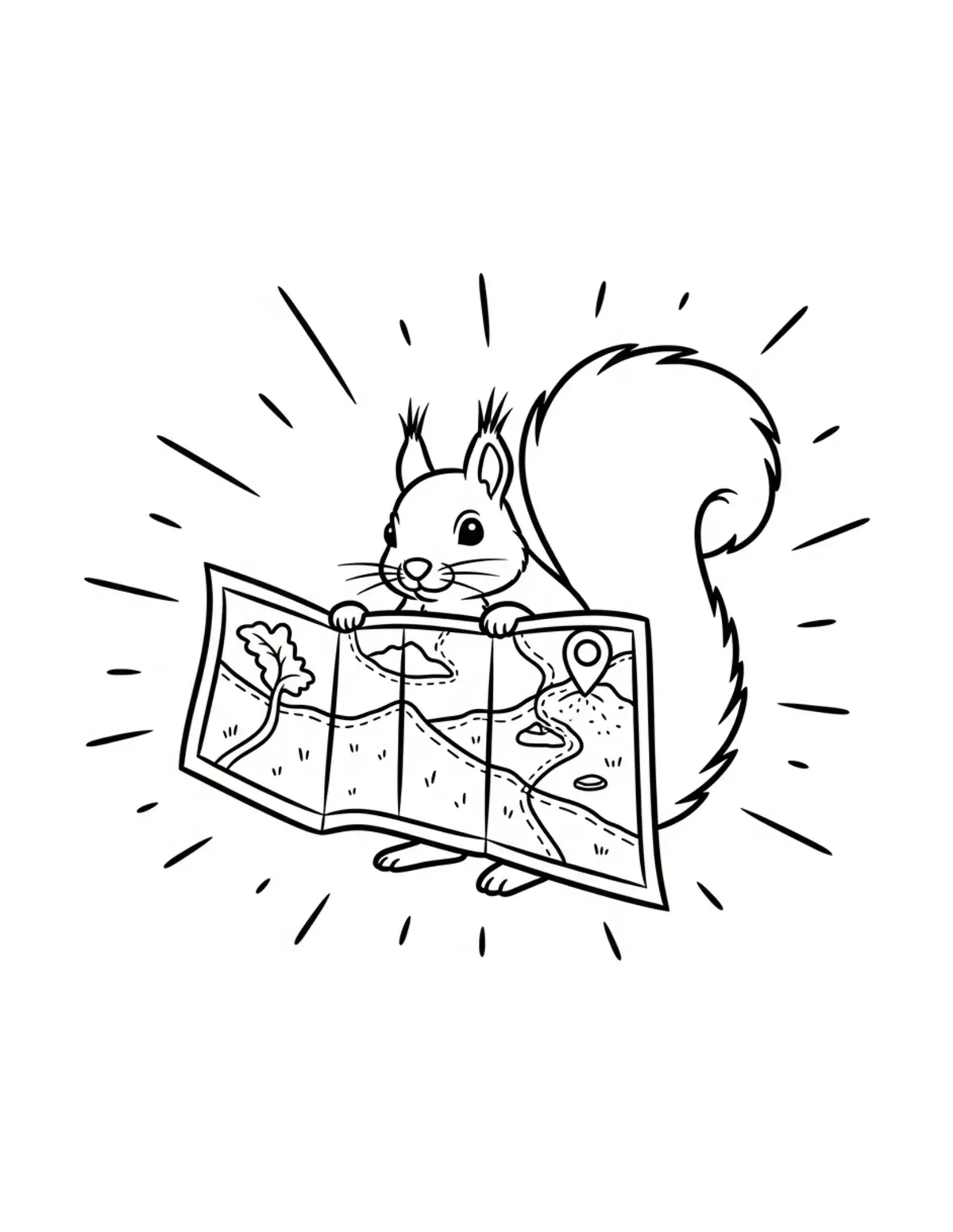 Free printable coloring page: cute squirrel mapping a myster coloring page. Cute and cozy tiny animal design for kids and adults to download and print.