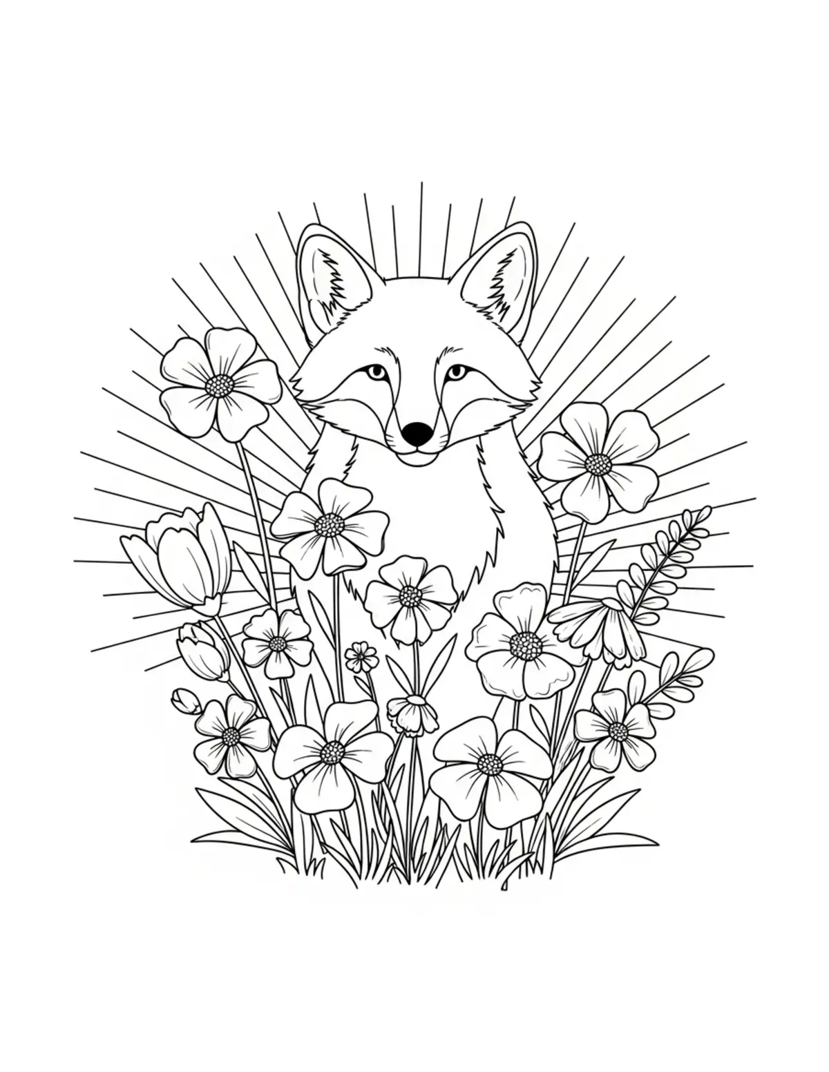 Free printable coloring page: fox wildflower garden coloring page. Cute and cozy design for kids and adults to download and print.