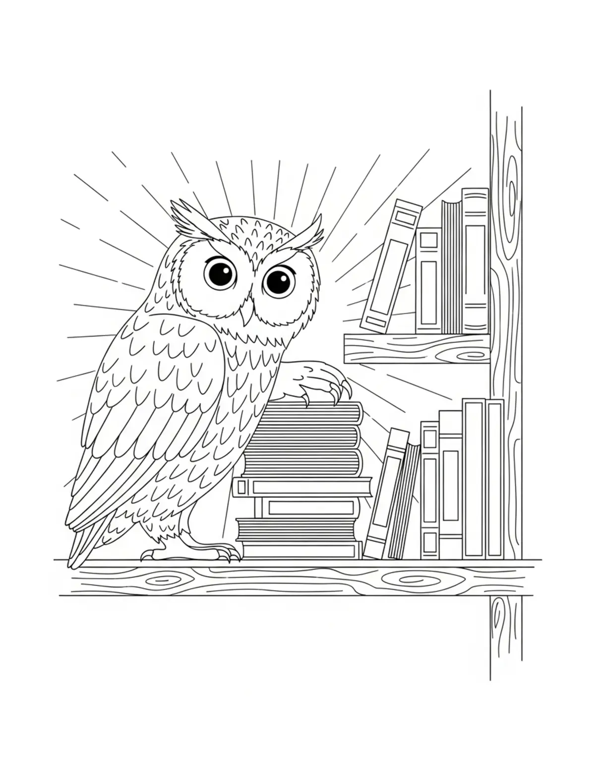 Owl Arranging Books On Wooden Coloring Page - free printable JPG featuring adorable owl reading scenes