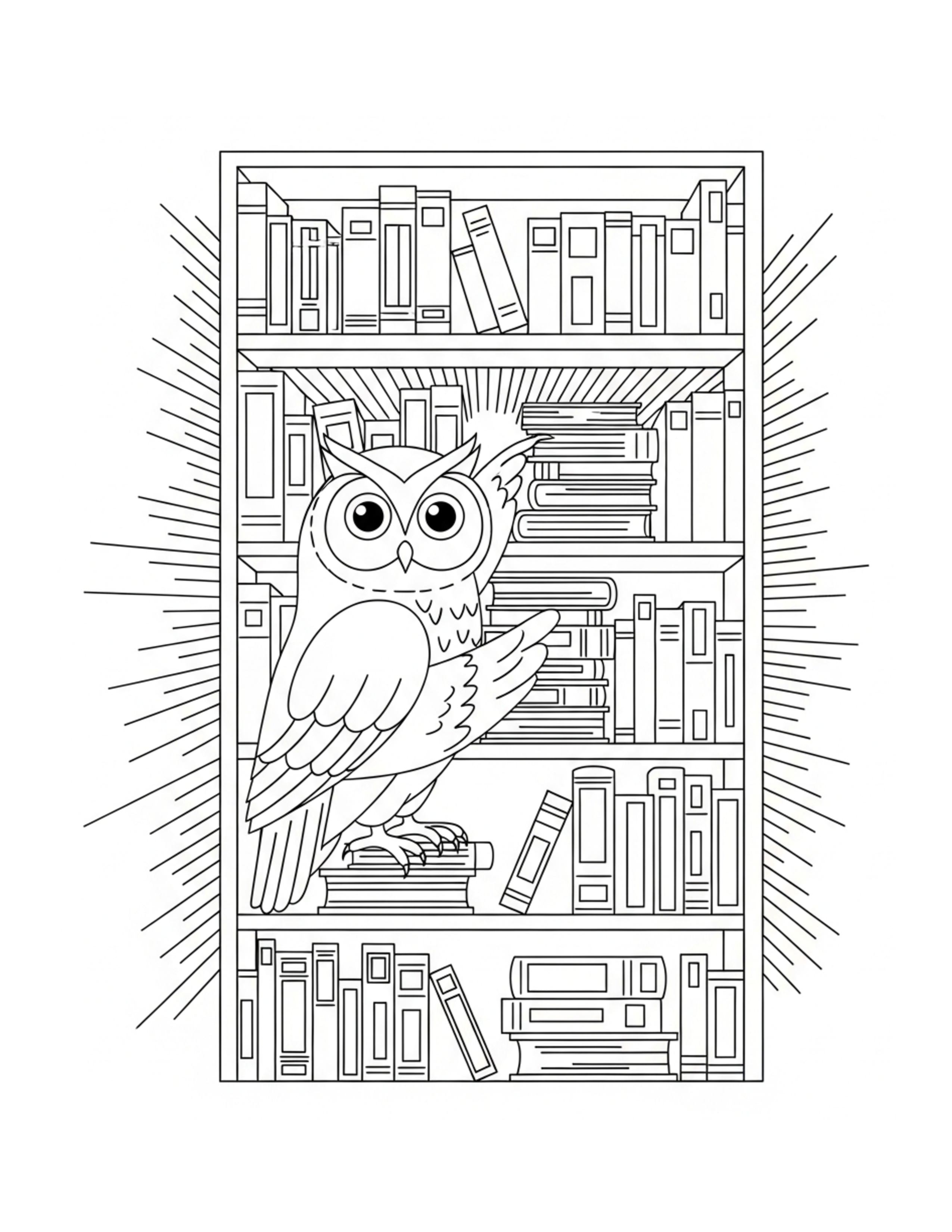 Owl Organizing Books On Tall Coloring Page - free printable JPG featuring adorable owl