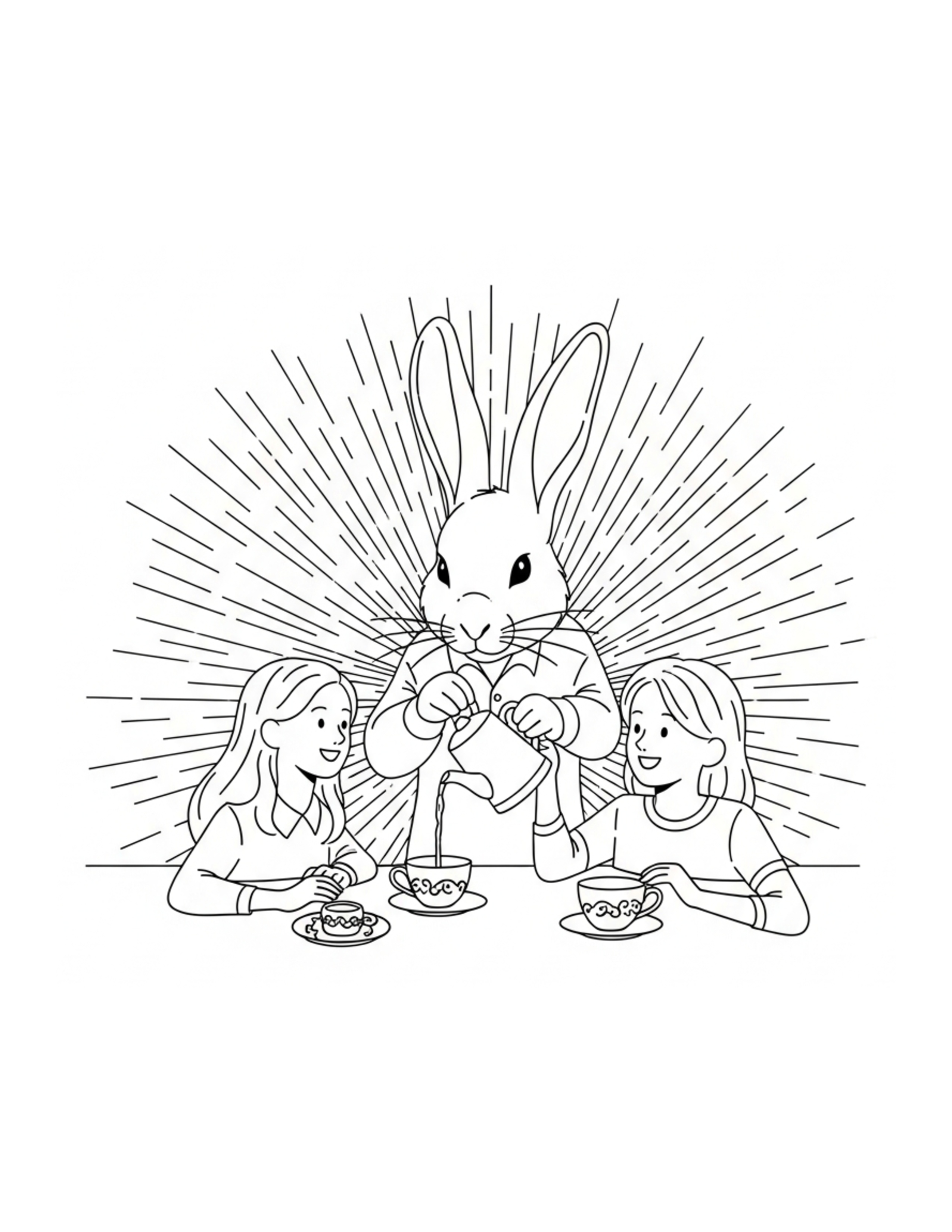 Rabbit Pouring Tea For Friends Coloring Page - free printable JPG featuring adorable rabbit