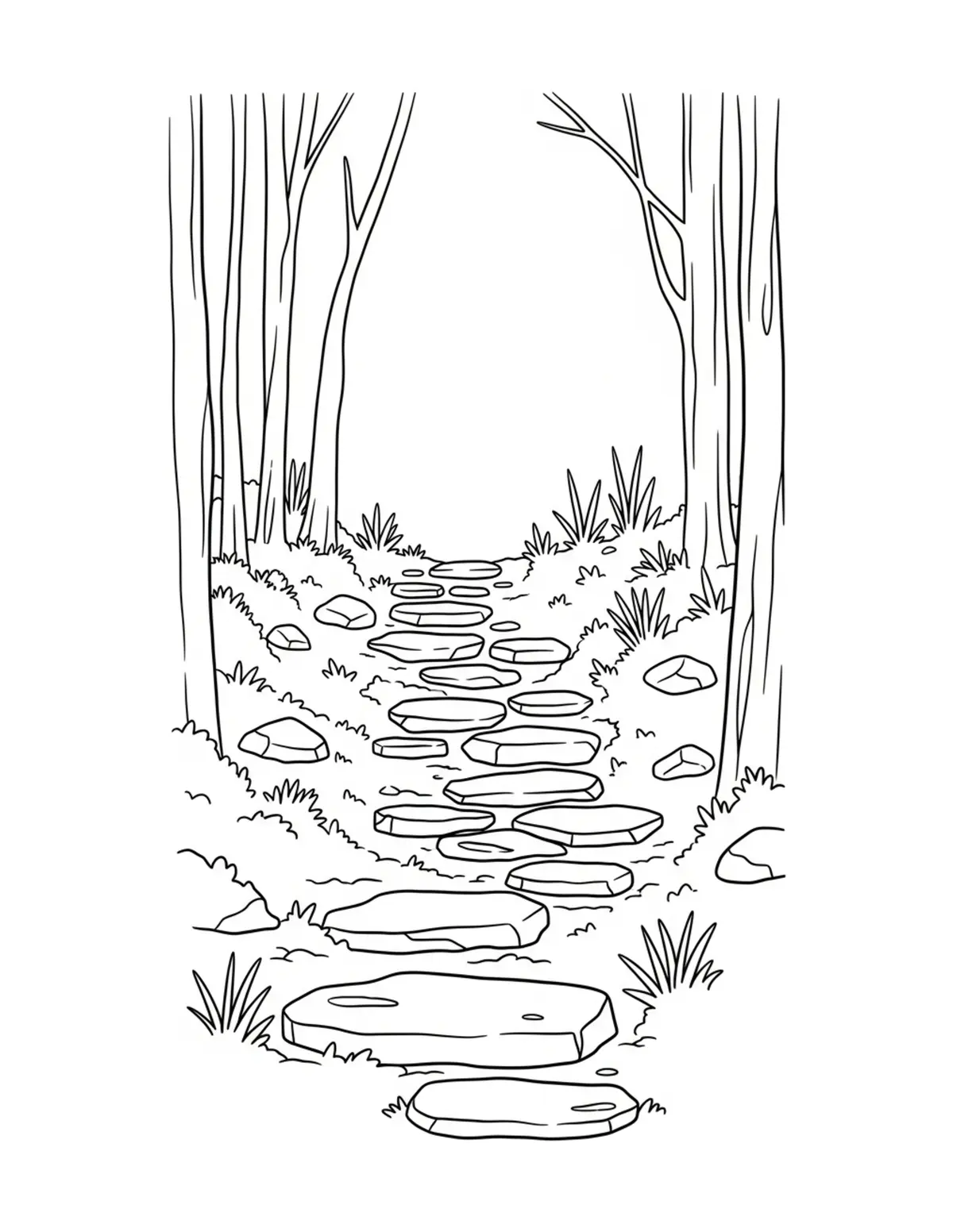 Free printable coloring page: secret-forest-stone-path coloring page. Cute and cozy design for kids and adults to download and print.