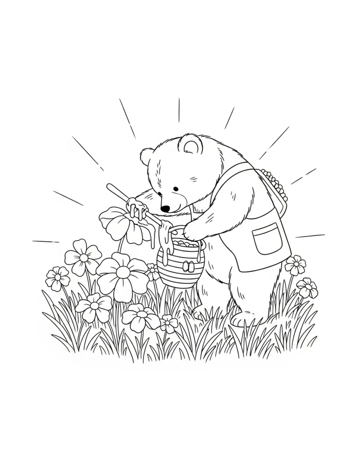 Free printable coloring page: tiny-bear-harvesting-honey-in coloring page. Cute and cozy design for kids and adults to download and print.