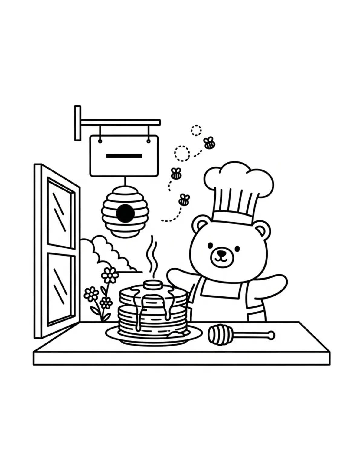 Free printable coloring page: tiny-bear-running-a-honey-panc coloring page. Cute and cozy design for kids and adults to download and print.