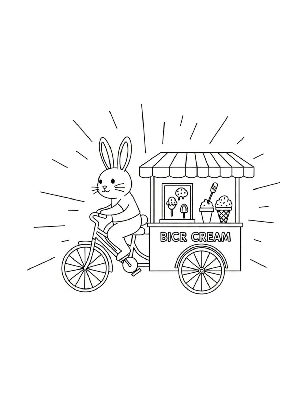 Free printable coloring page: tiny-bunny-driving-an-ice-crea coloring page. Cute and cozy design for kids and adults to download and print.