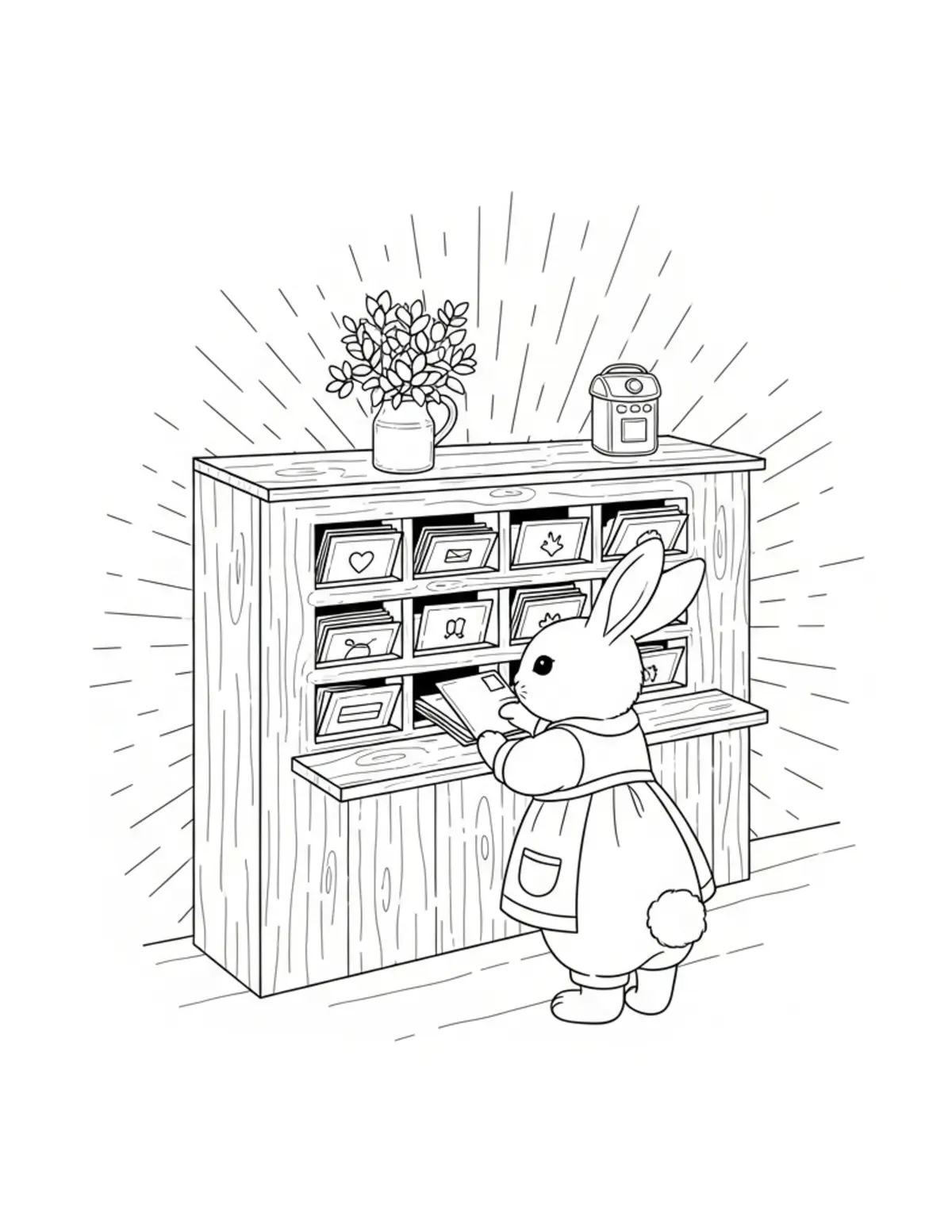 Tiny Bunny Sorting Postcards I Coloring Page - free printable JPG featuring adorable tiny animal village scene