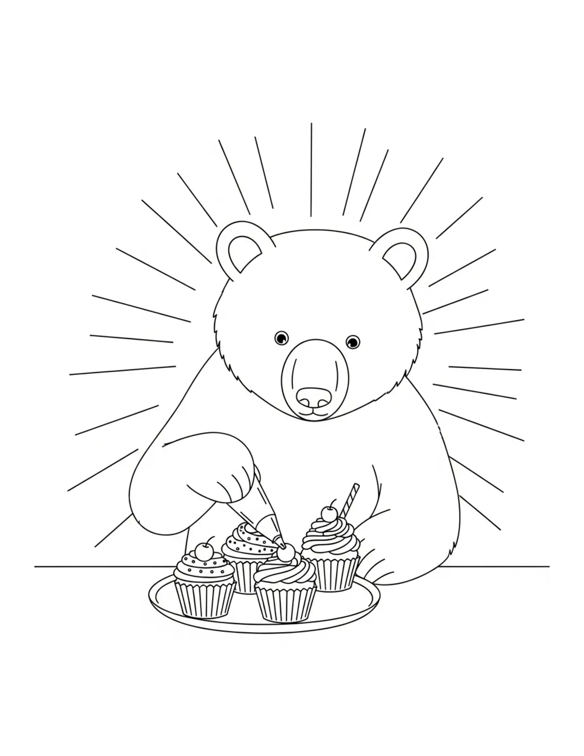 Free printable coloring page: bear-decorating-cupcakes coloring page. Cute and cozy design for kids and adults to download and print.