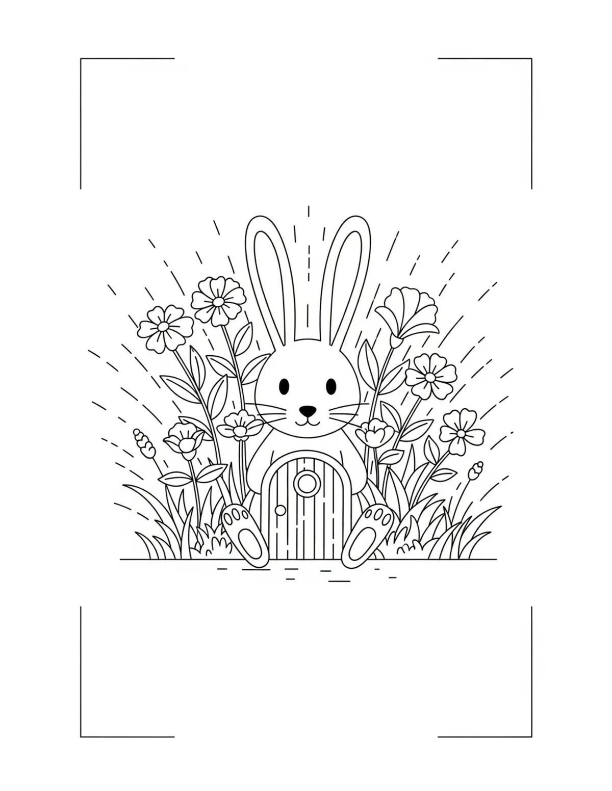 Free printable coloring page: bunny-cottage-garden-with-8-hi coloring page. Cute and cozy design for kids and adults to download and print.