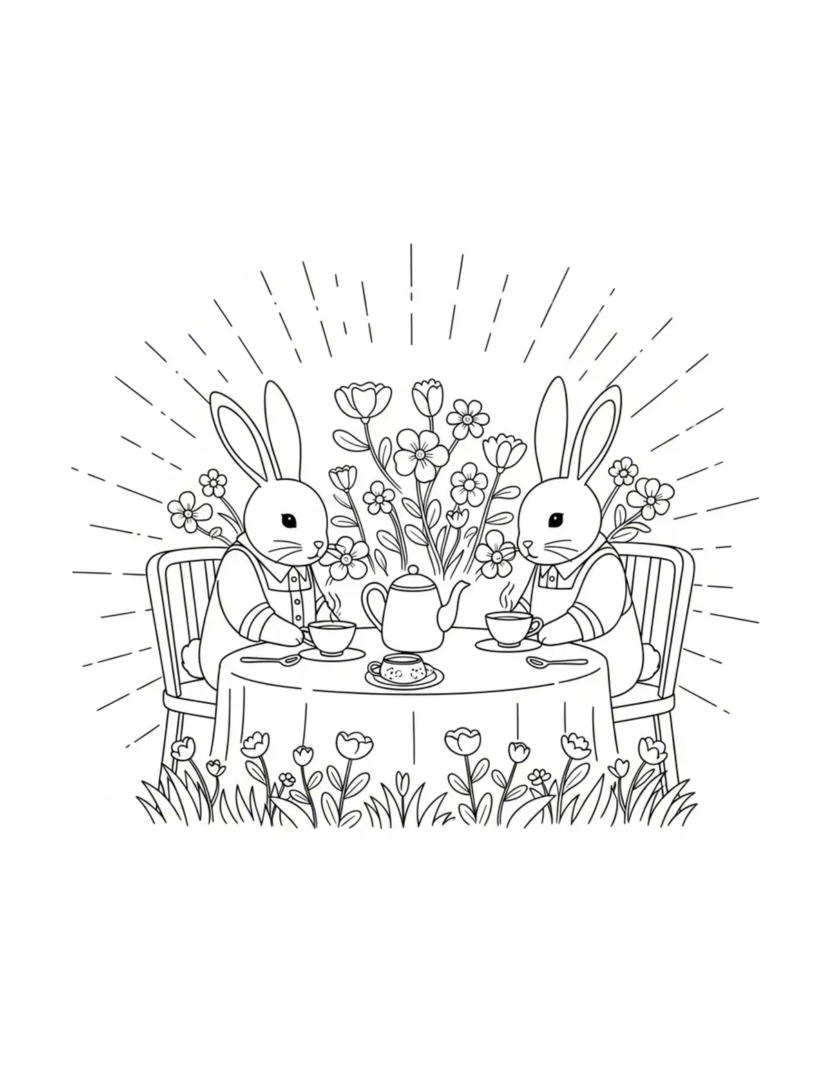 Free printable coloring page: bunny tea party in flower gard coloring page. Cute and cozy design for kids and adults to download and print.