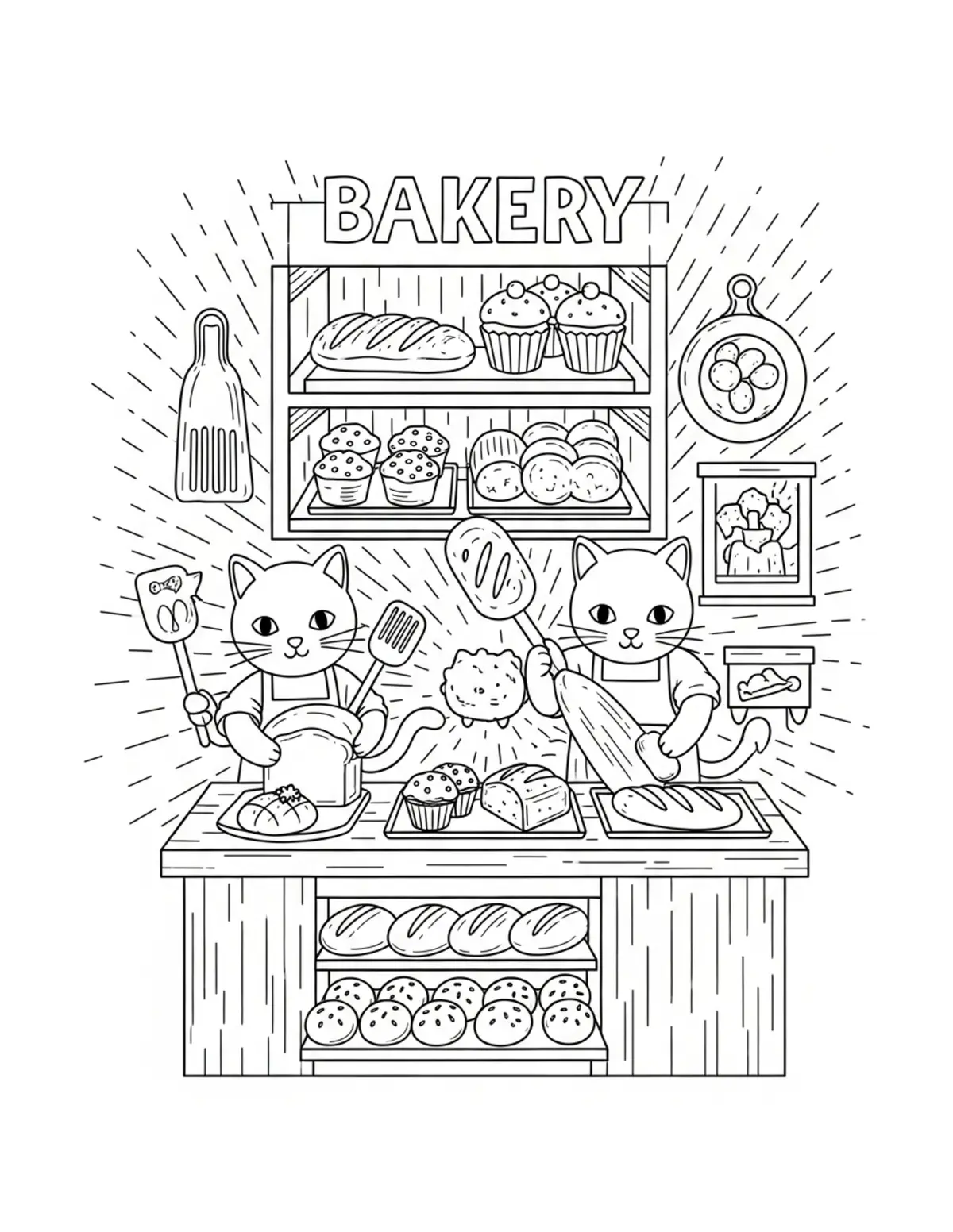 Cat Bakery Making Bread And Cu — free printable cozy coloring coloring page for kids and adults