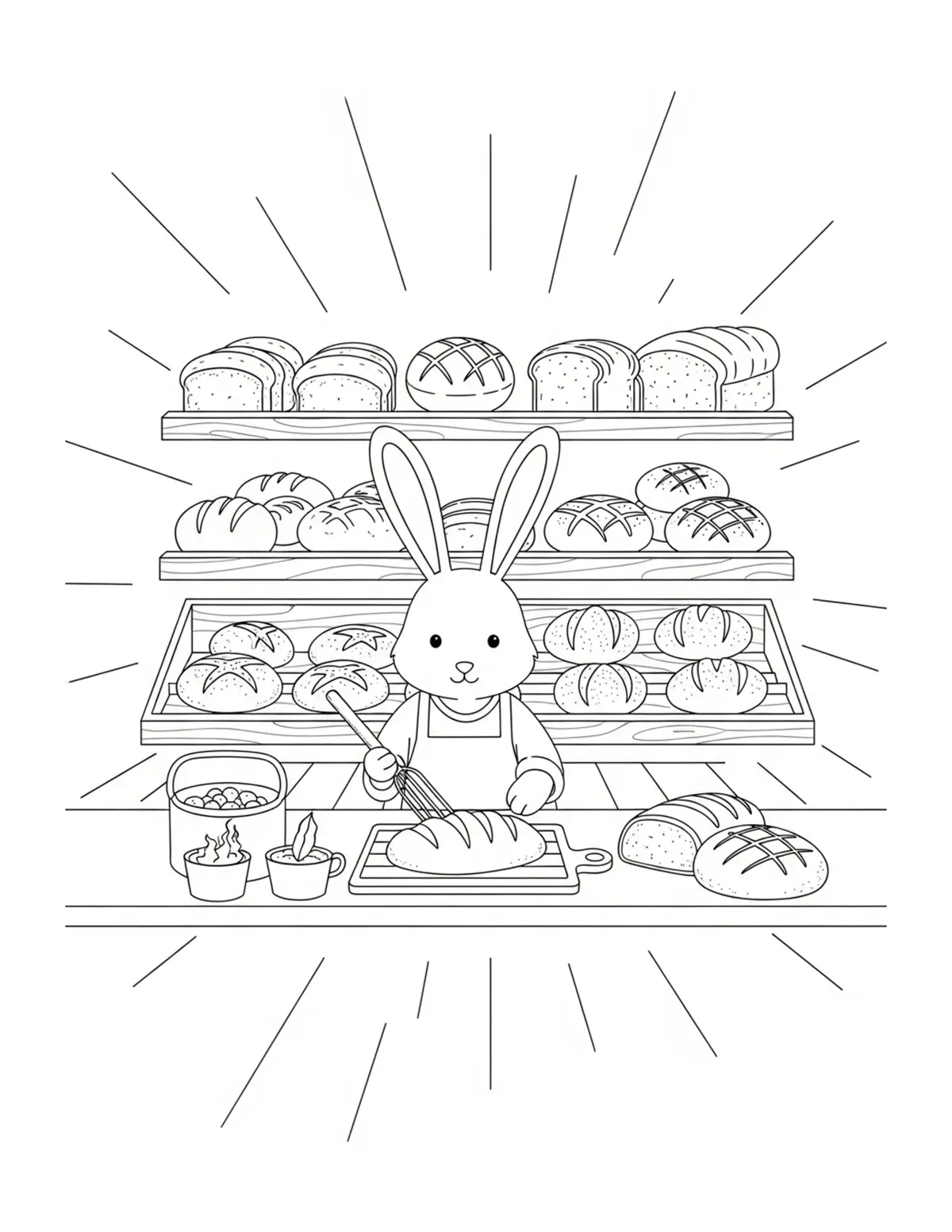 Free printable coloring page: cute bunny baking fresh bread coloring page. Cute and cozy animal design for kids and adults to download and print.