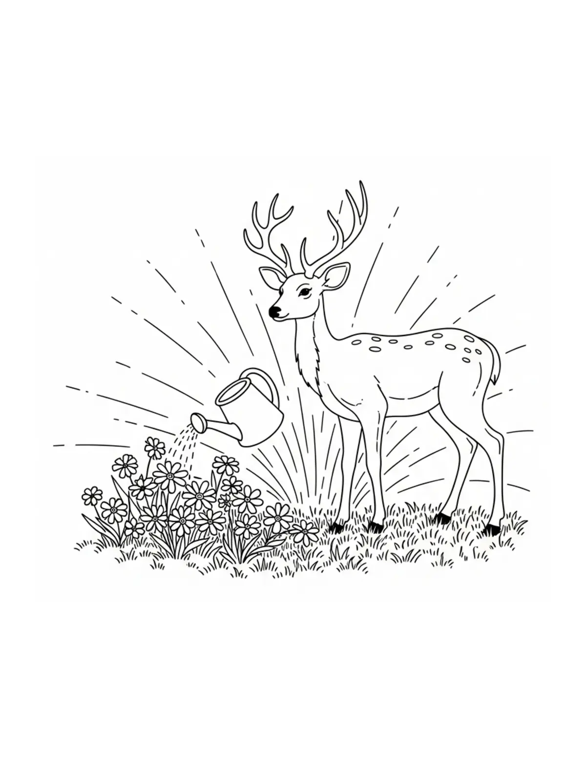 Free printable coloring page: deer watering flowers coloring page. Cute and cozy deer cottage design for kids and adults to download and print.