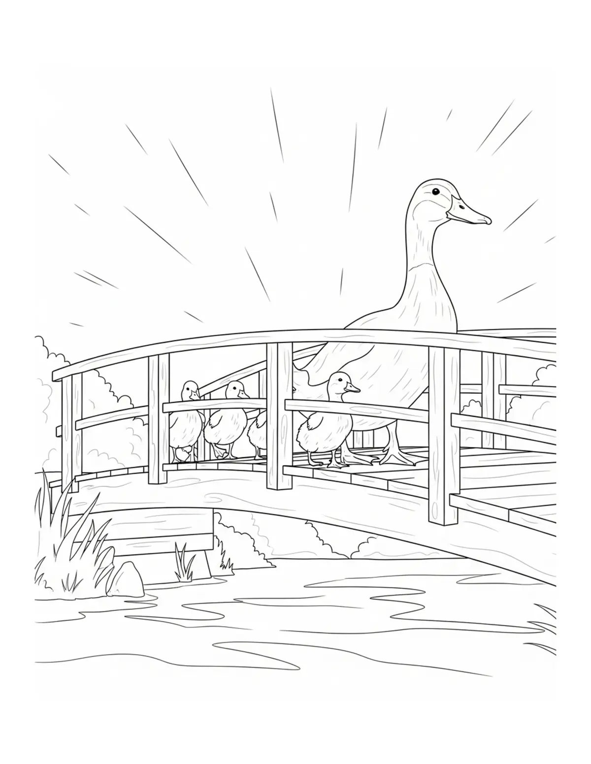 Duck Family Walking Across Woo Coloring Page - free printable JPG featuring adorable duck scenes