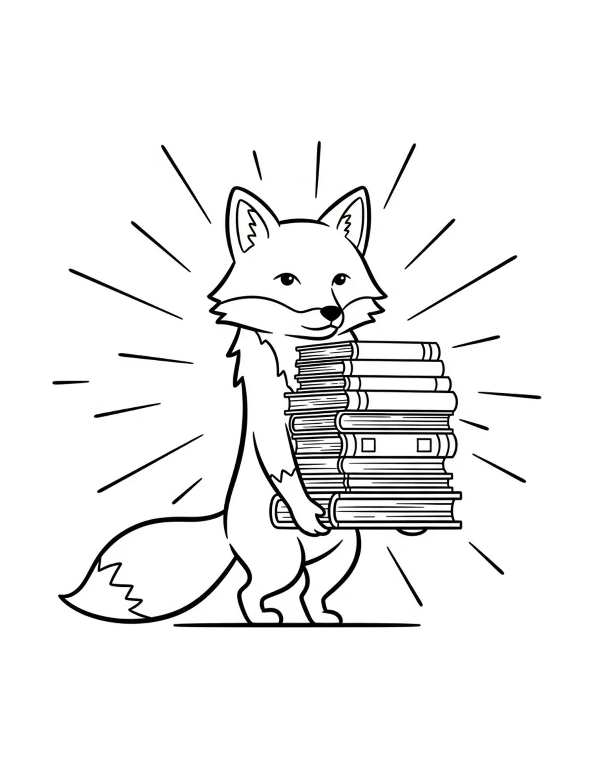 Free printable coloring page: fox carrying stack of books coloring page. Cute and cozy bookstore and reading design for kids and adults to download and print.