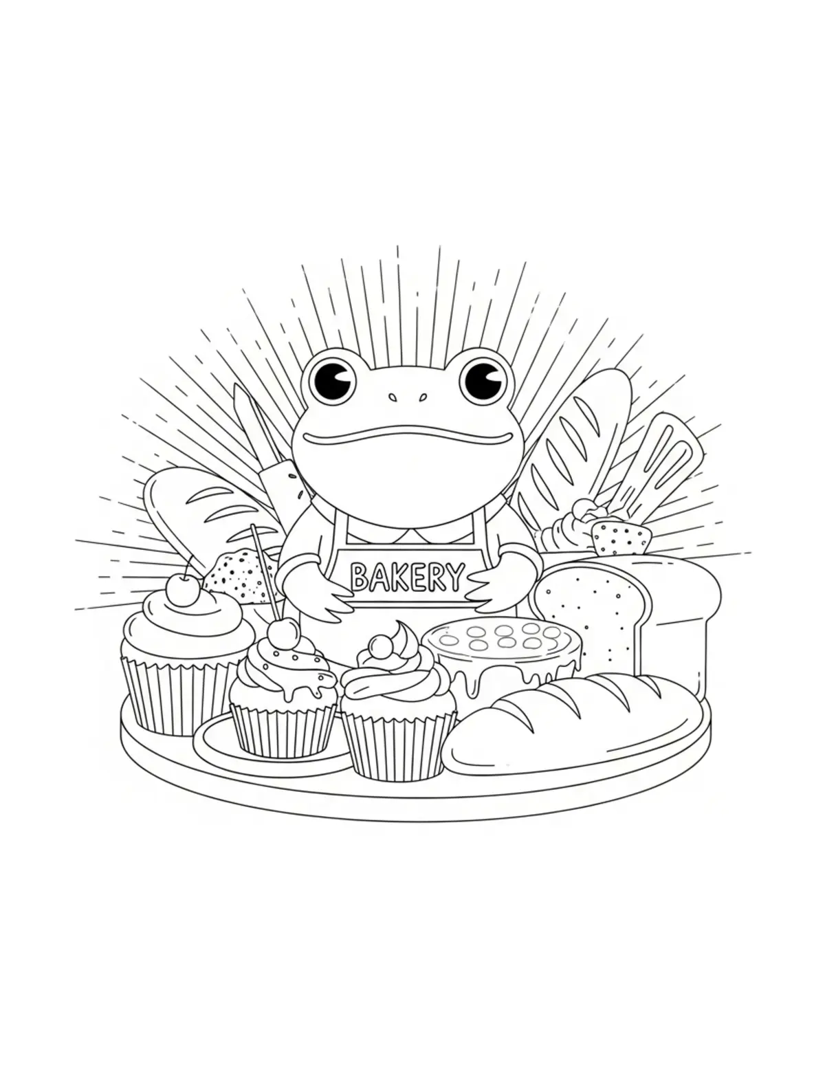 Free printable coloring page: frog bakery with cupcakes and coloring page. Cute and cozy design for kids and adults to download and print.