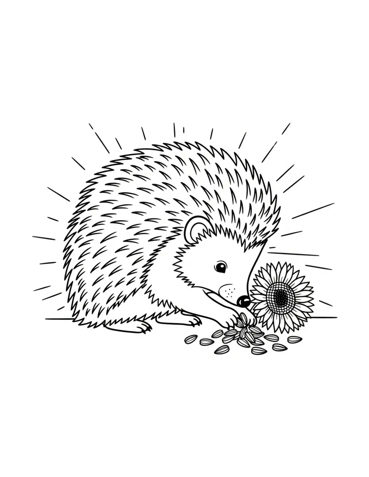 Free printable coloring page: hedgehog planting sunflower se coloring page. Cute and cozy hedgehog garden design for kids and adults to download and print.