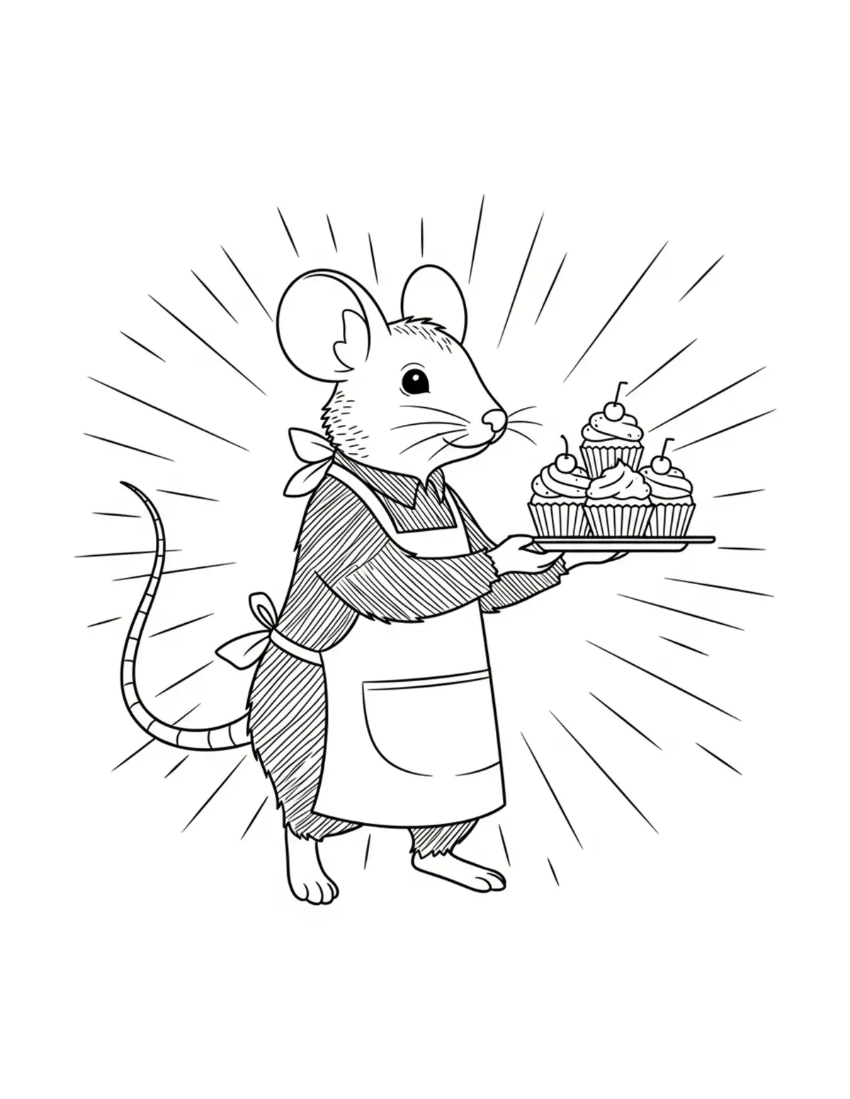 Free printable coloring page: mouse serving cupcakes coloring page. Cute and cozy mouse tea party design for kids and adults to download and print.