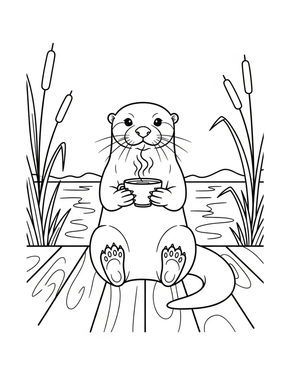 Otter Drinking Tea on Dock coloring page - free printable JPG featuring adorable otters