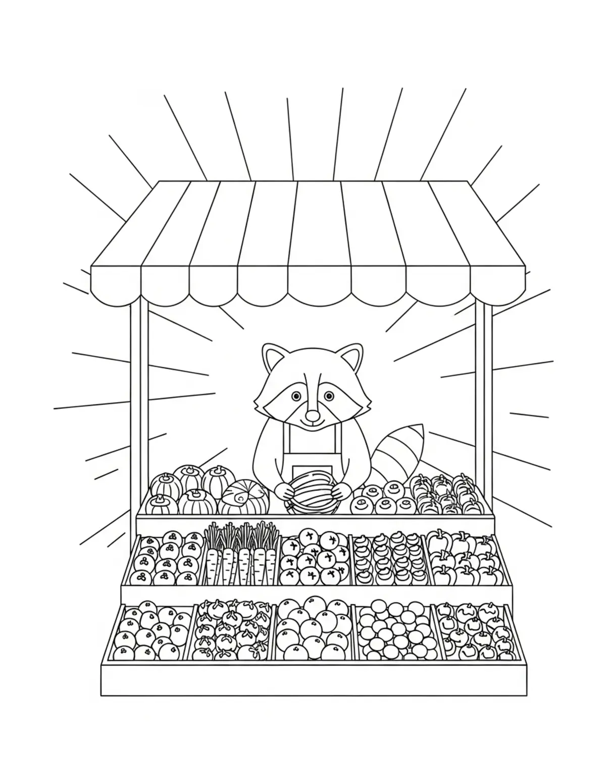 Raccoon Vegetable Stall coloring page - free printable JPG featuring adorable raccoons at a market