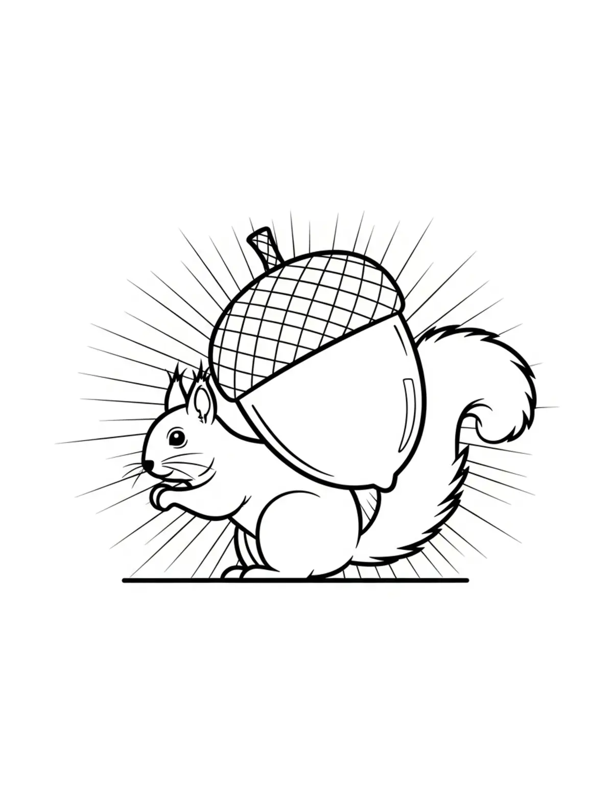 Squirrel Carrying Giant Acorn coloring page - free printable JPG featuring adorable squirrels in a woodland scene