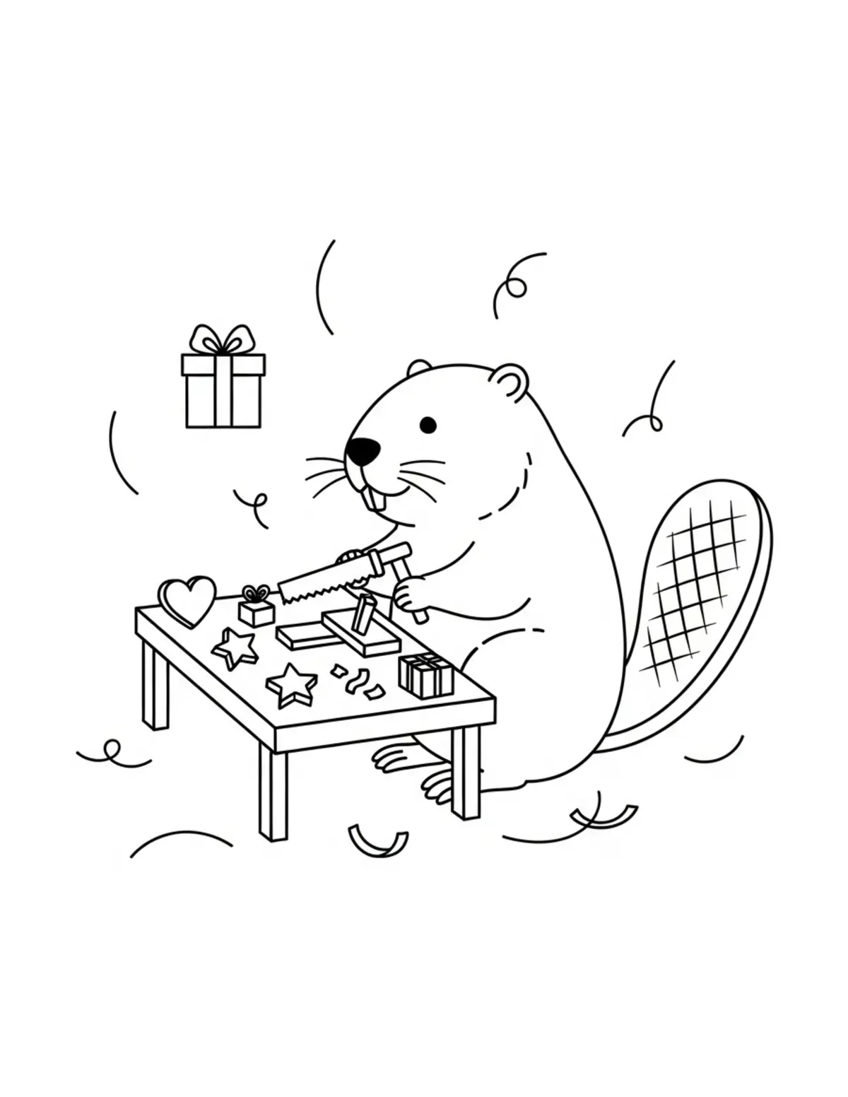 Beaver Creating Handmade Gifts Coloring Page - free printable JPG featuring adorable woodland beaver