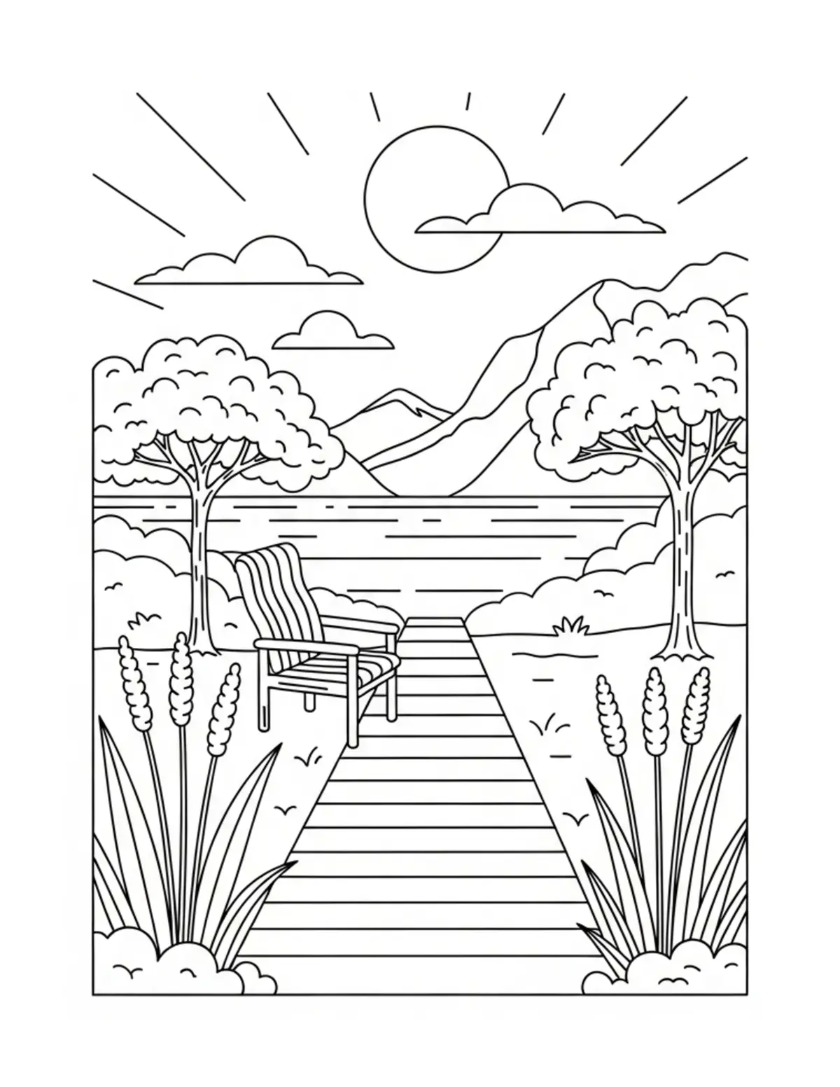 Free printable coloring page: bold-easy-lakeside-afternoon coloring page. Cute and cozy design for kids and adults to download and print.