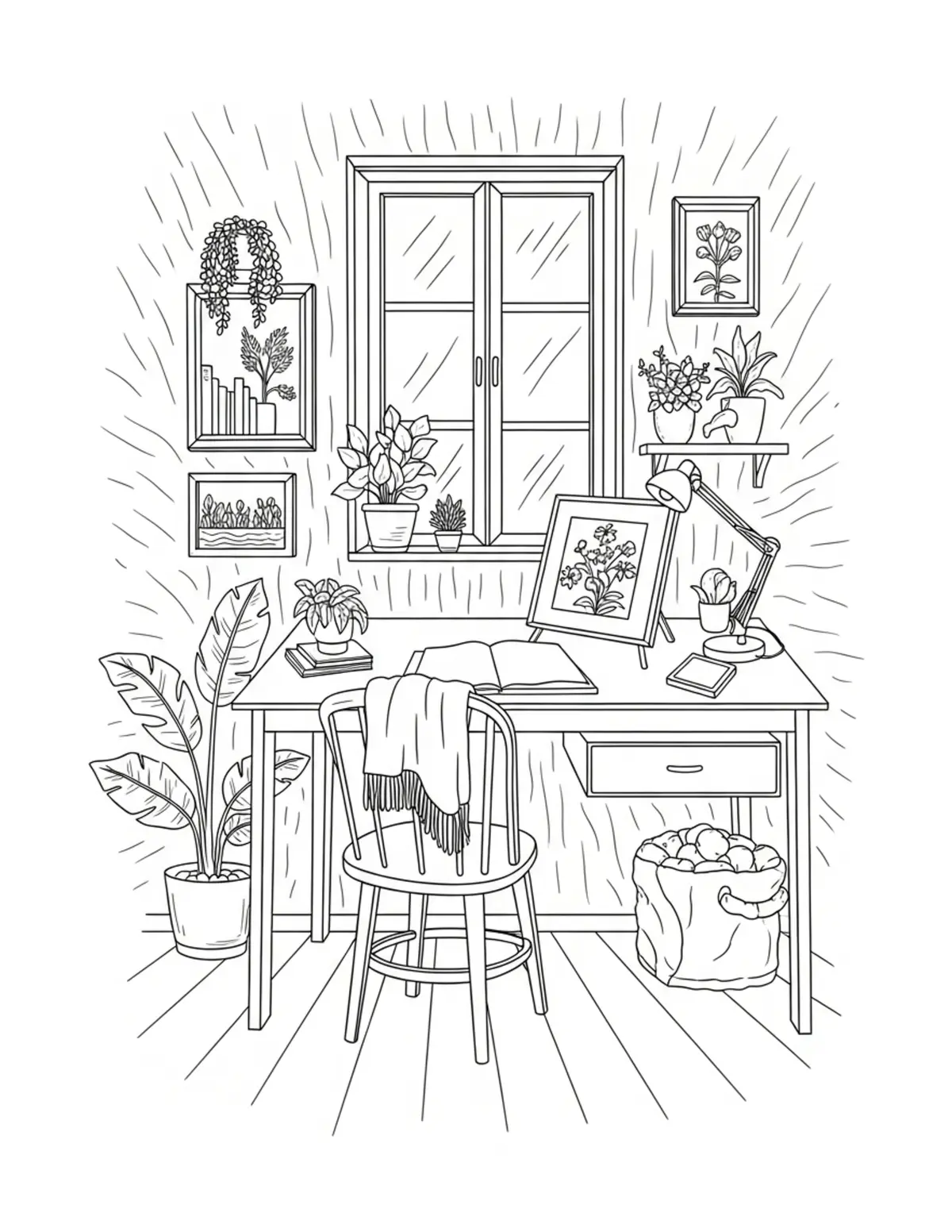 Free printable coloring page: cozy botanical drawing room coloring page. Cute and cozy design for kids and adults to download and print.
