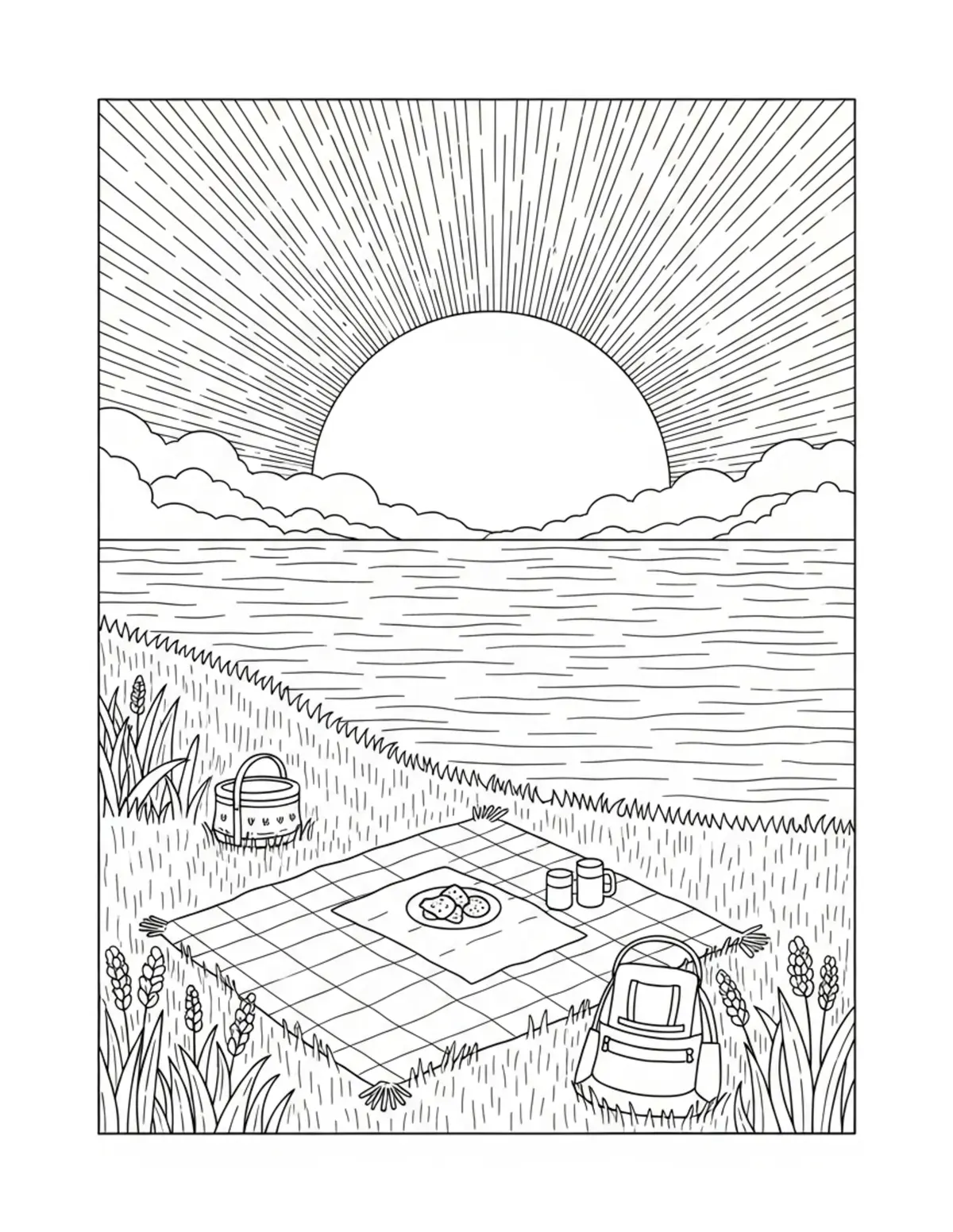Free printable coloring page: cozy lake sunset picnic coloring page. Cute and cozy summer design for kids and adults to download and print.