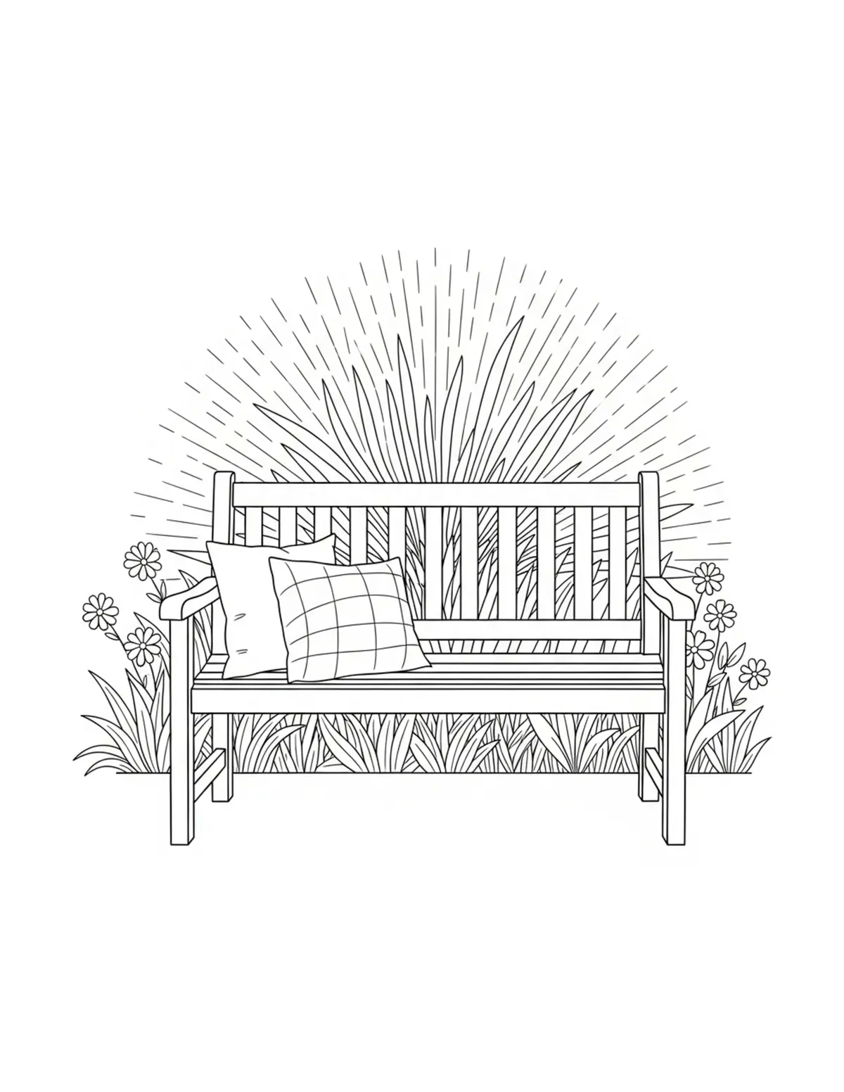 Free printable coloring page: cozy summer garden bench coloring page. Cute and cozy summer design for kids and adults to download and print.