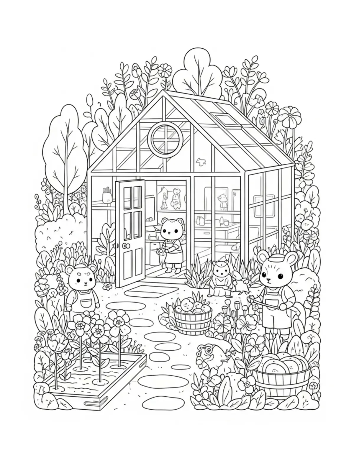 Cozy Village Greenhouse Surrou Coloring Page - free printable JPG featuring adorable tiny animal village scene
