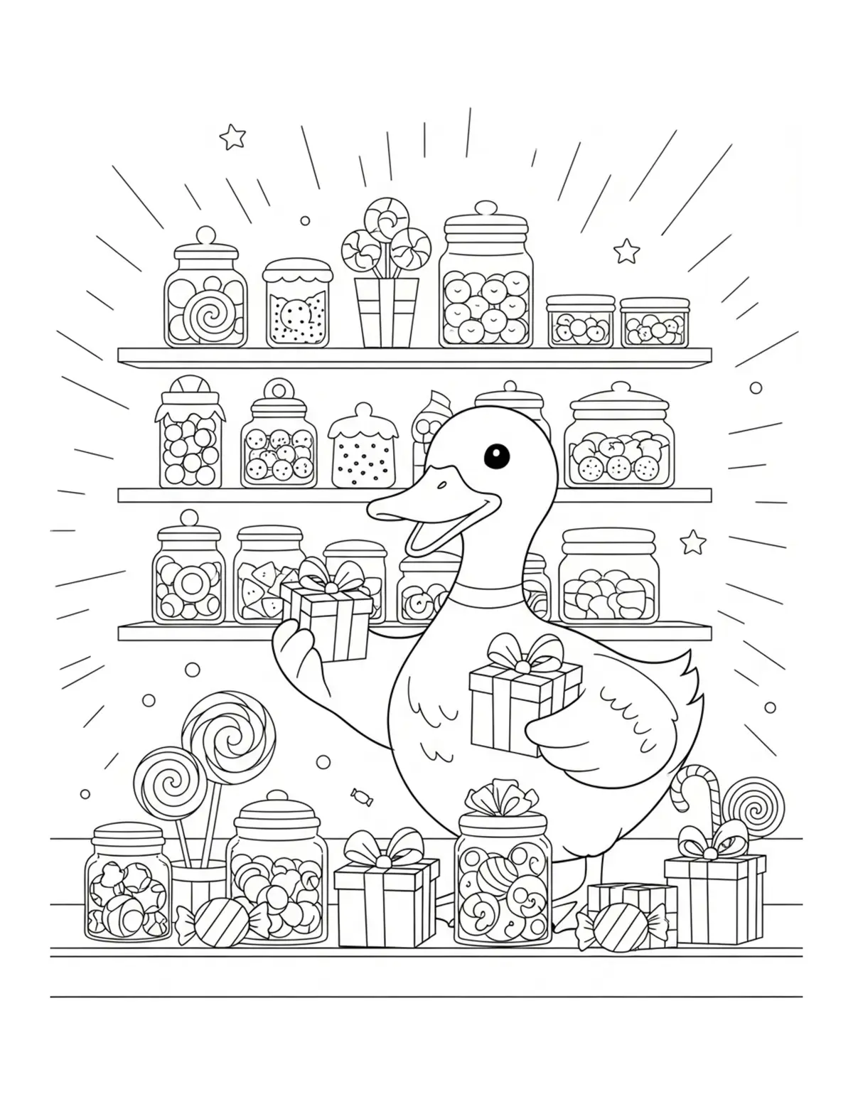 Cute Duck Choosing Gifts From  Coloring Page - free printable JPG featuring adorable tiny animal village scene