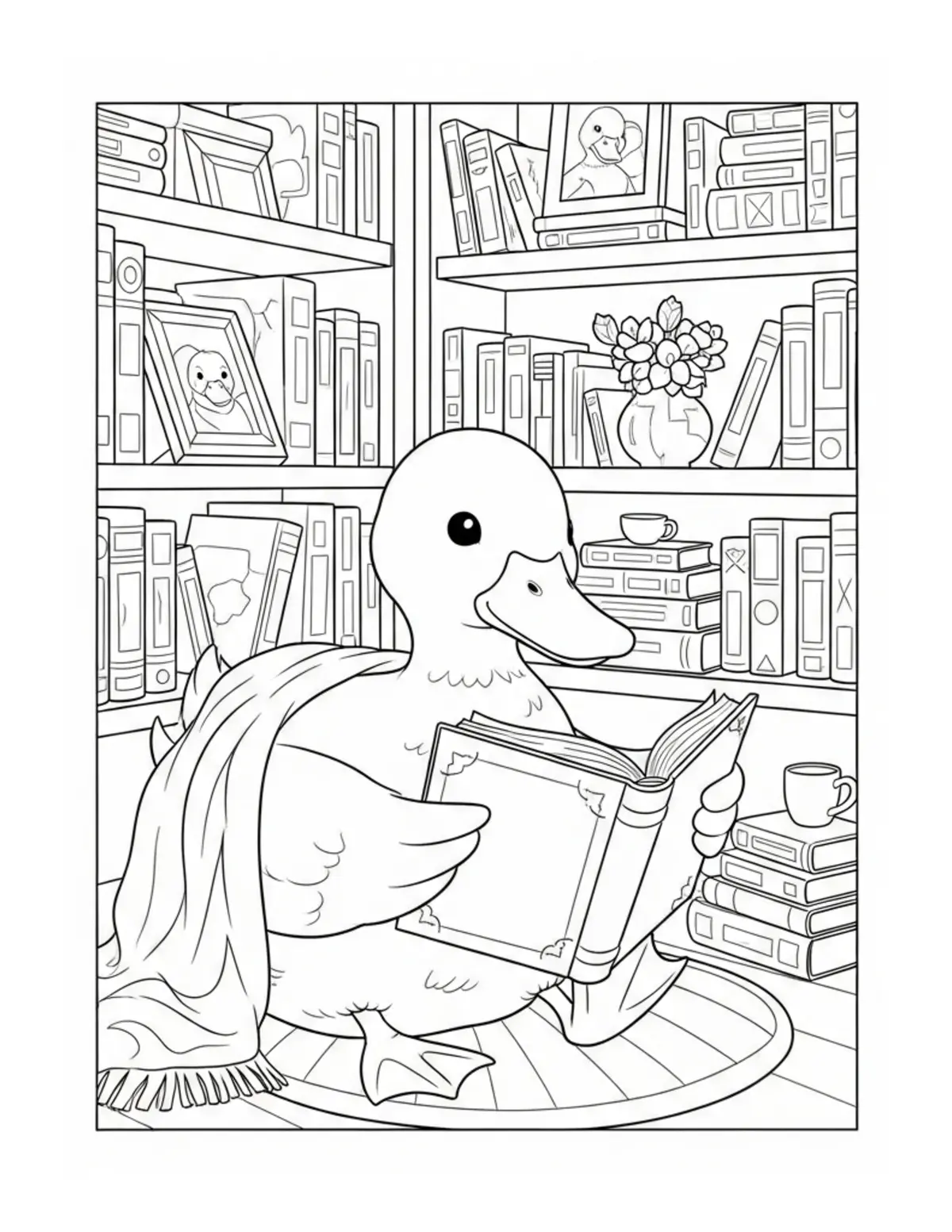 Cute Duck Reading An Old Book  Coloring Page - free printable JPG featuring adorable tiny animal village scene