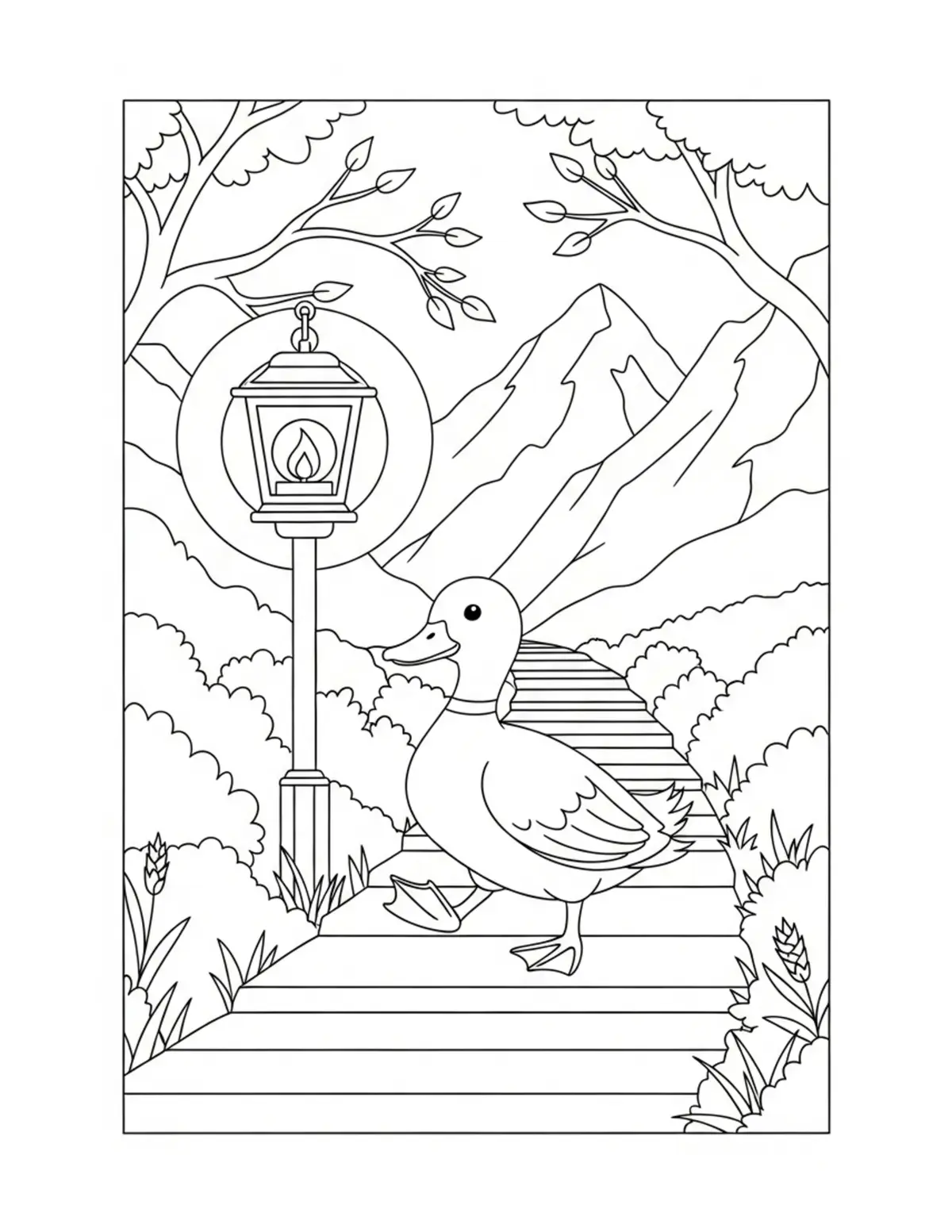 Cute Duck Strolling Through A  Coloring Page - free printable JPG featuring adorable tiny animal village scene