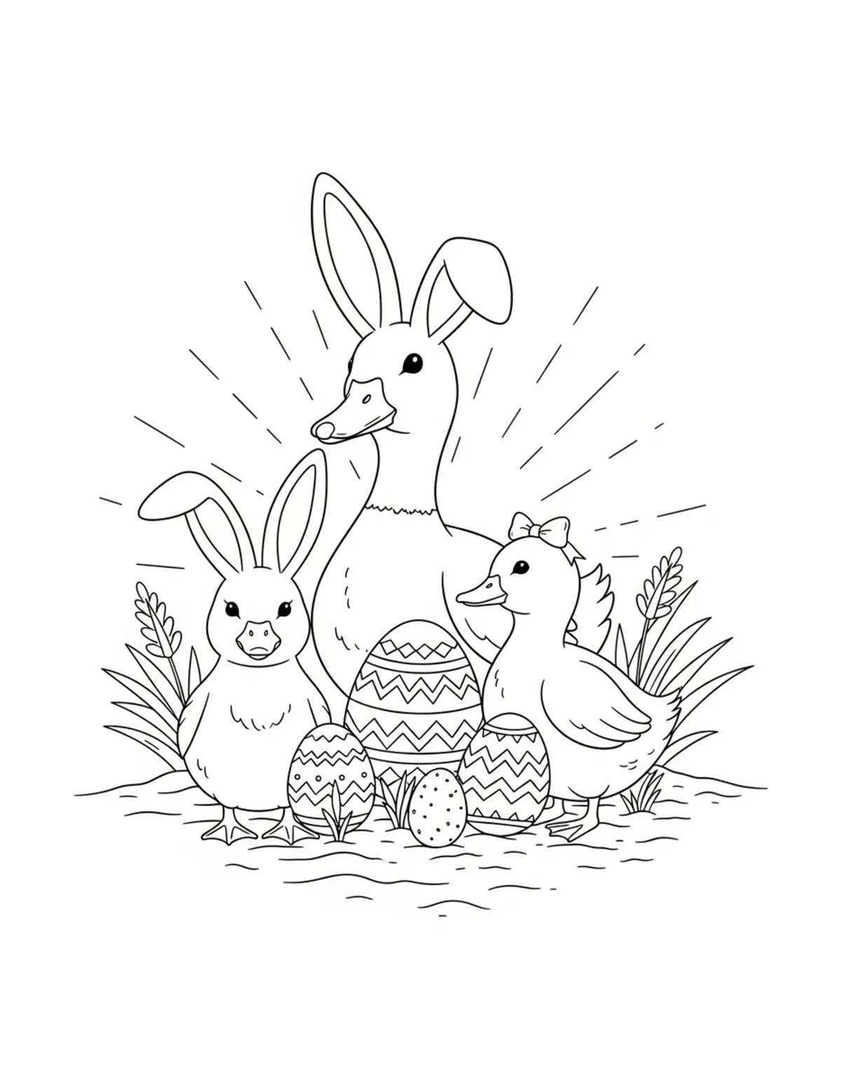 Free printable coloring page: easter duck garden coloring page. Cute and cozy design for kids and adults to download and print.