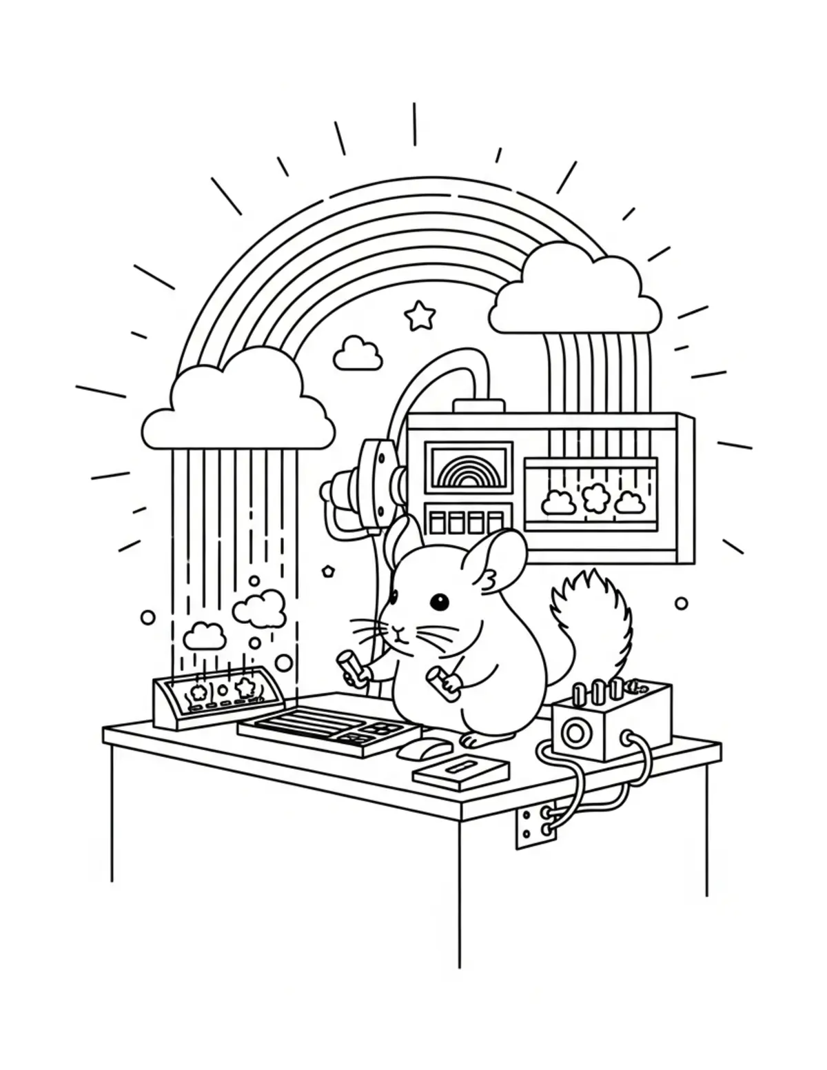 Free printable coloring page: little chinchilla operating a coloring page. Cute and cozy tiny animal design for kids and adults to download and print.