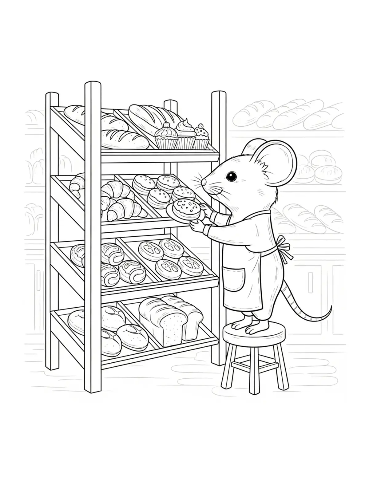 Mouse Organizing Bakery Shelve Coloring Page - free printable JPG featuring adorable mouse bakery scenes