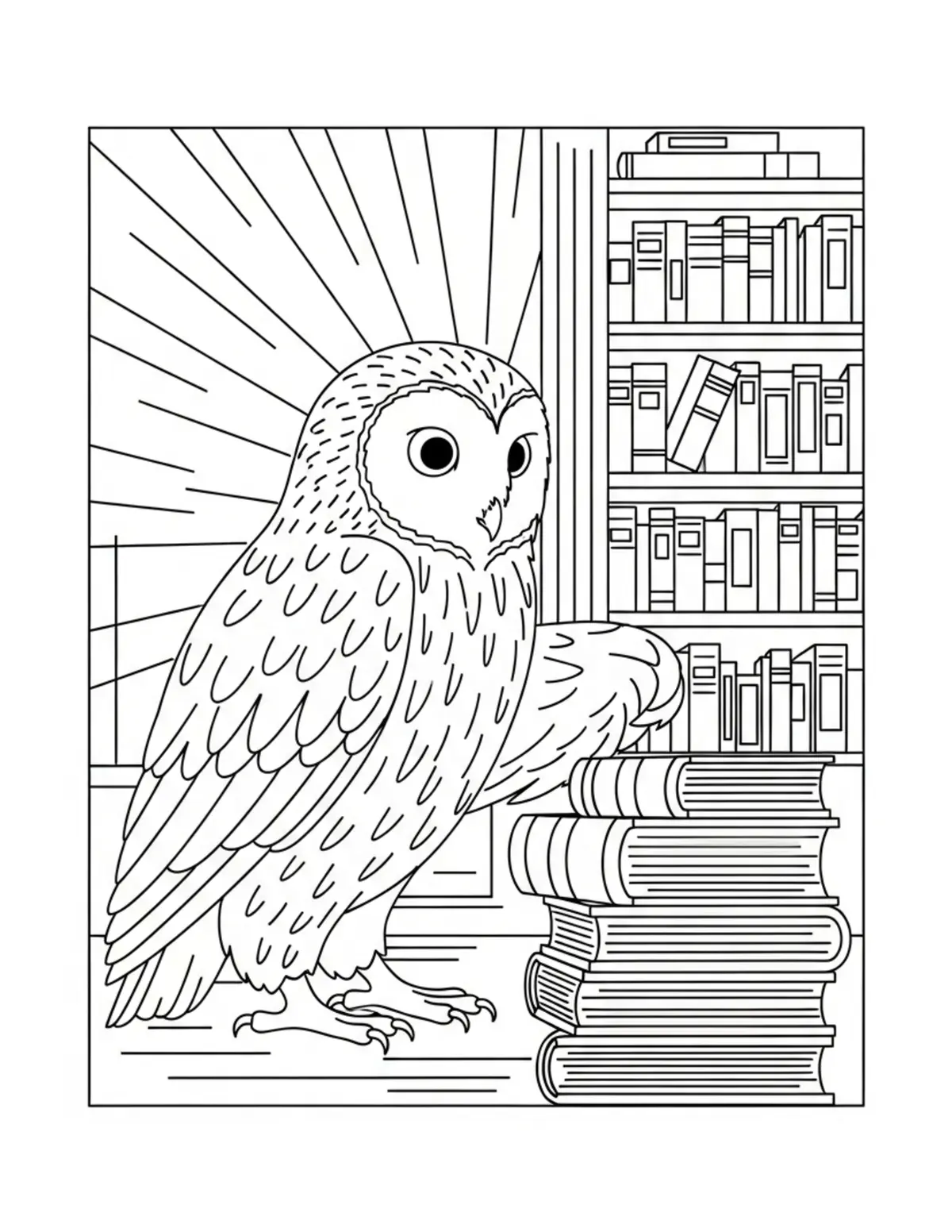 Owl Cataloging Ancient Books i Coloring Page - free printable JPG featuring adorable woodland animals