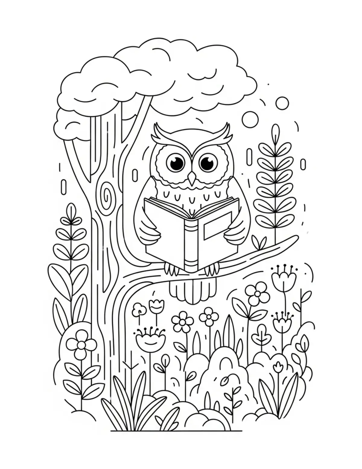 Owl Reading In A Peaceful Wood Coloring Page - free printable JPG featuring adorable owl reading scenes