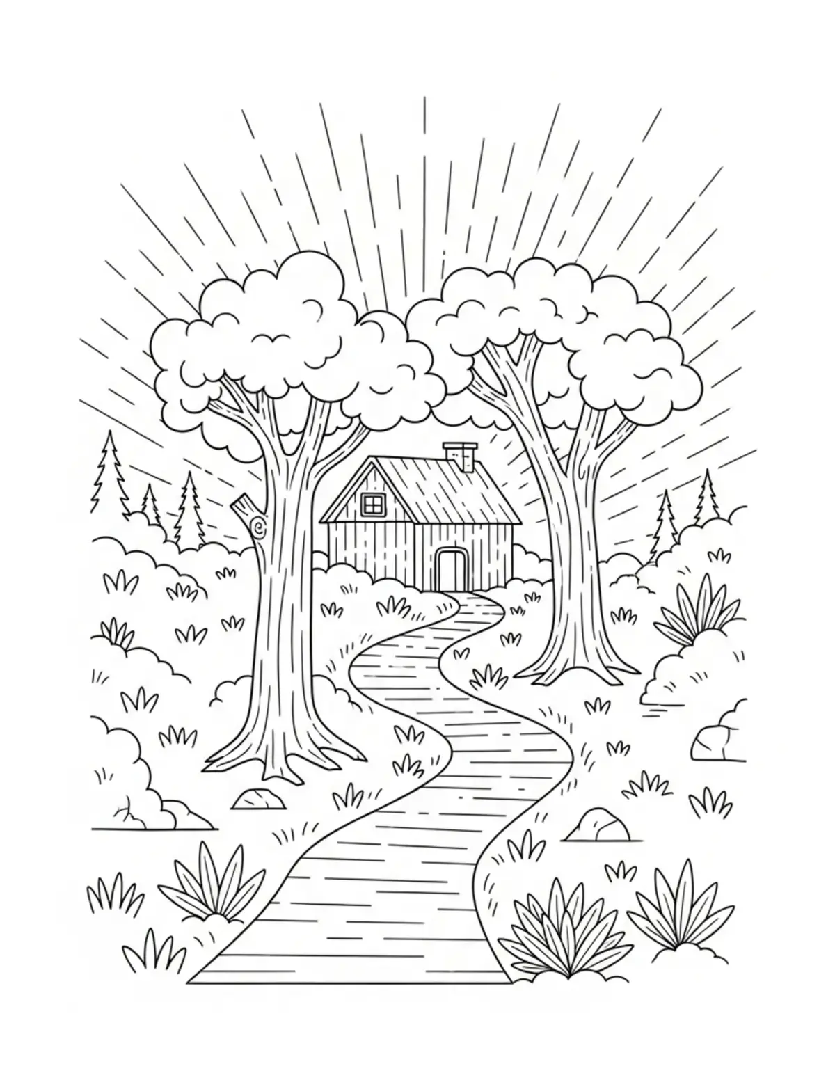 Free printable coloring page: secret-forest-journey-route coloring page. Cute and cozy design for kids and adults to download and print.