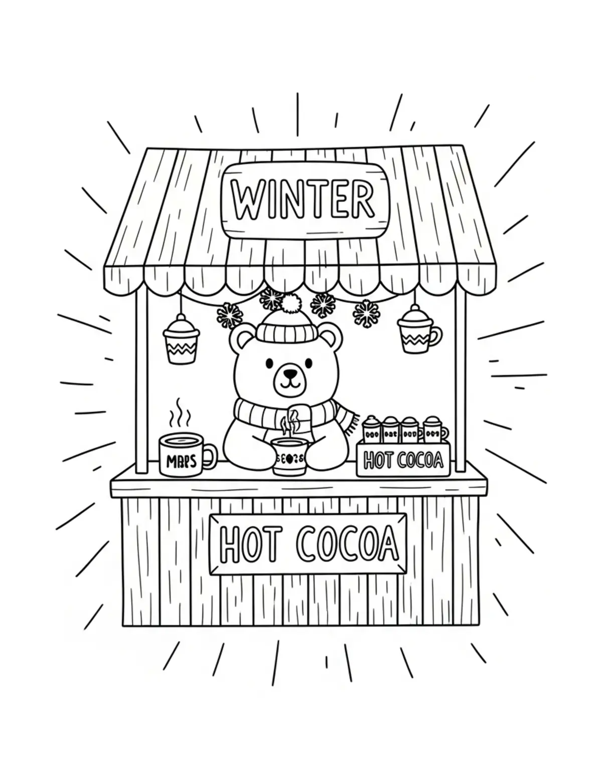 Free printable coloring page: tiny-bear-hosting-a-winter-hot coloring page. Cute and cozy design for kids and adults to download and print.